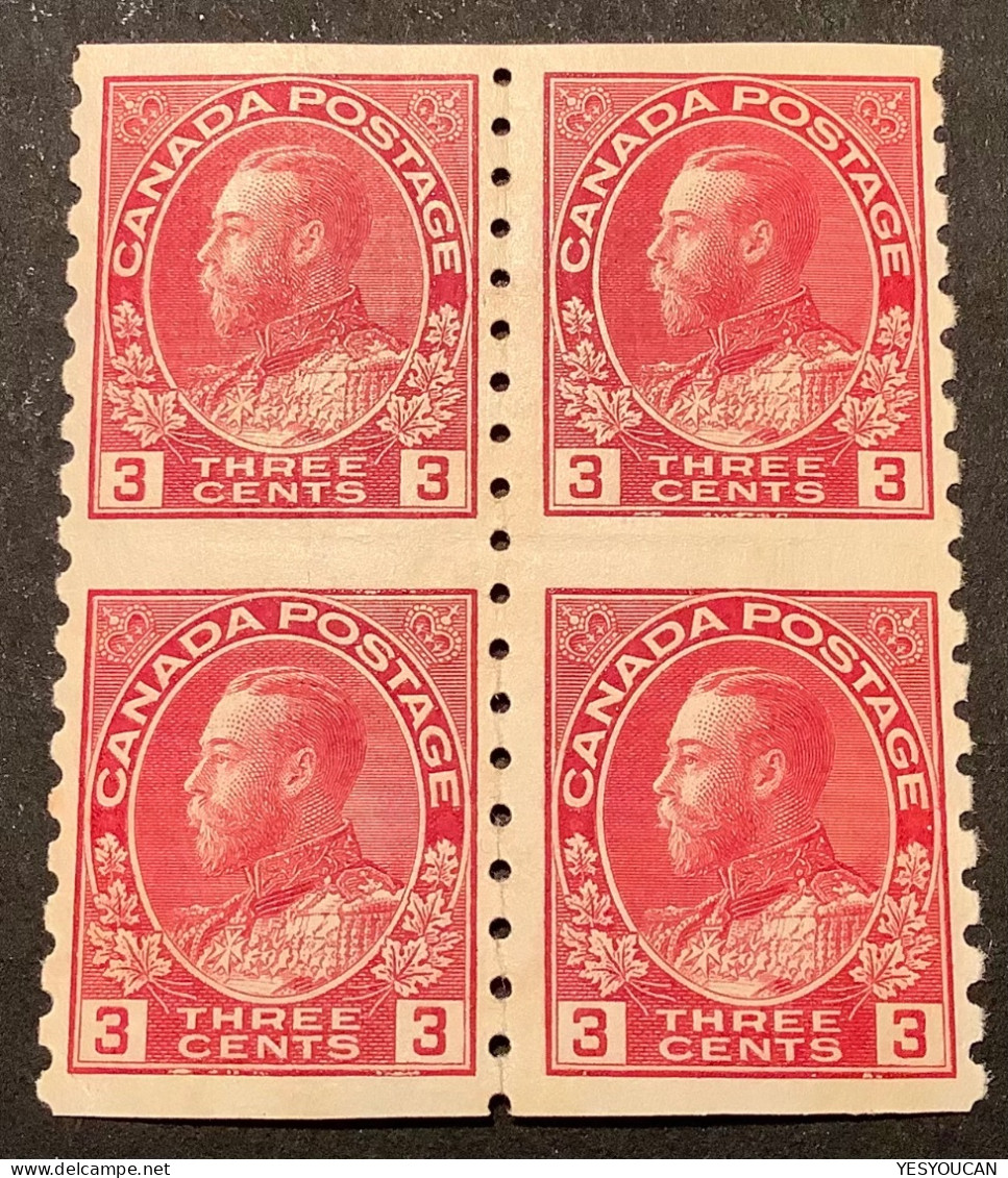 Canada Sc #130a 1912-1924 3c Admiral Coil Stamp Perf. 8 Vertically, Rare Block Of 4  MH*/MNH** (variété Roulette - Neufs