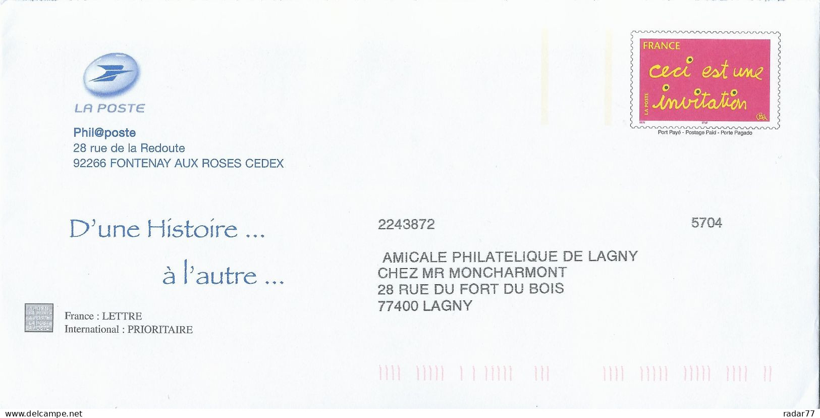 PAP De Service Timbre Invitation Rouge - Lot G4S/0601423 Au Verso - D'une Histoire à L'autre - PAP: TSC Und Halboffizielle Aufdrucke