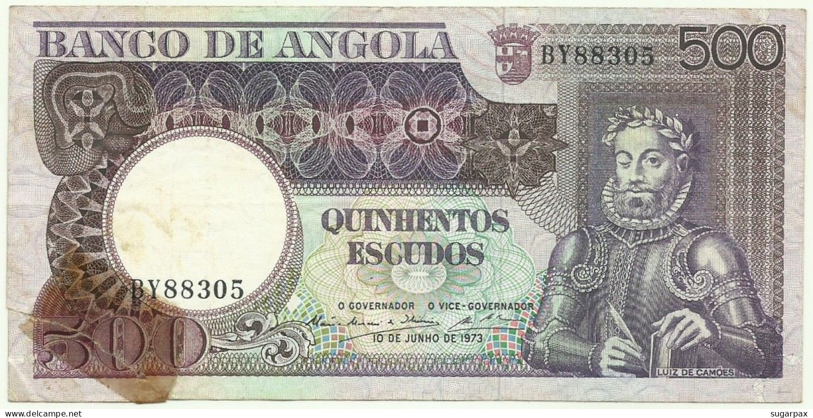 Angola - 500 Escudos - 10.6.1973 - Pick: 107 - Serie BY - Luiz De Camões - PORTUGAL - Angola