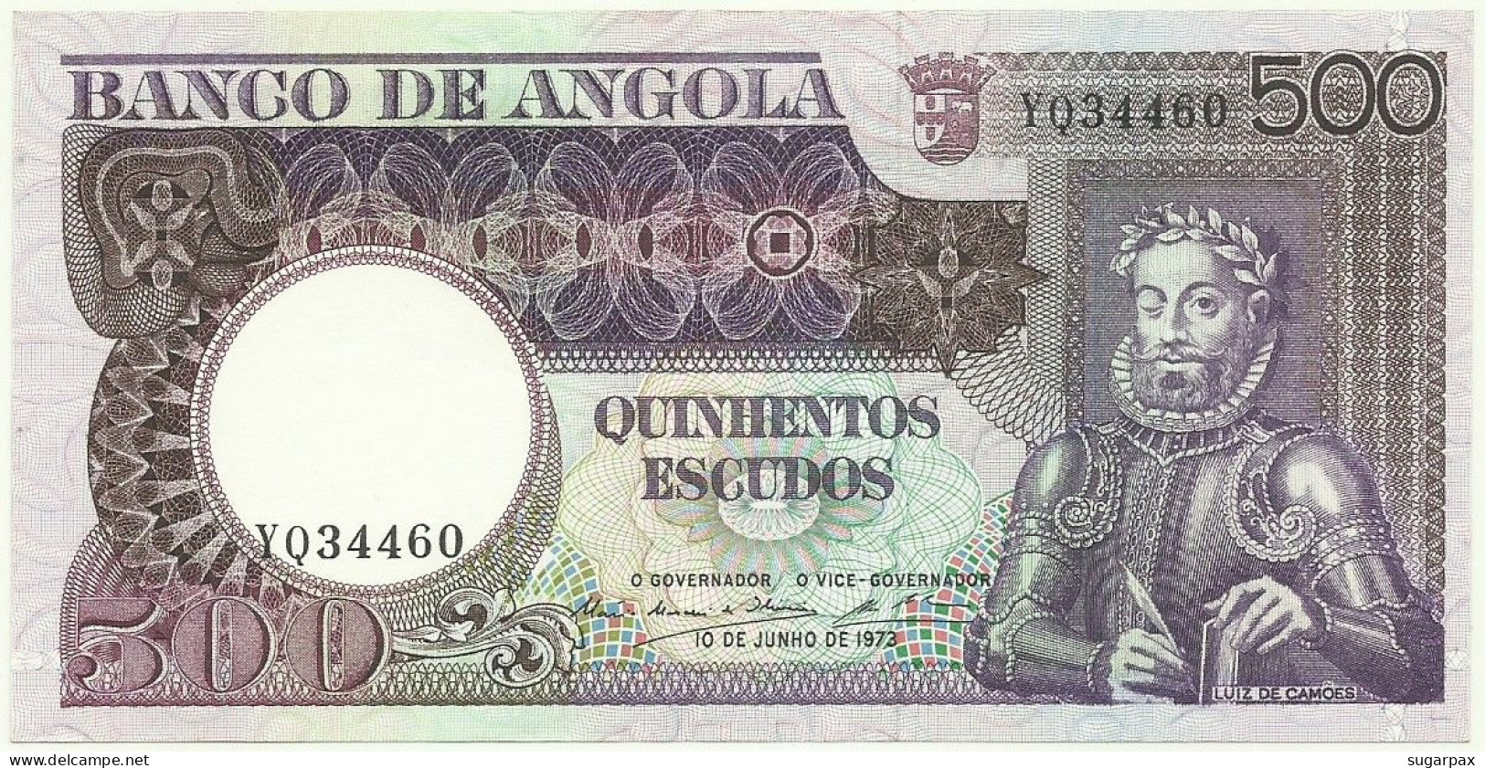 Angola - 500 Escudos - 10.6.1973 - Pick: 107 - Serie YQ - Luiz De Camões - PORTUGAL - Angola