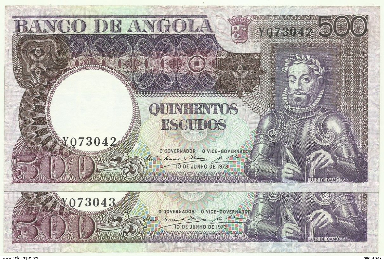 Angola - 2 X 500 Escudos Consecutive - 10.6.1973 - Pick: 107 - Serie YQ - Luiz De Camões - PORTUGAL - Angola