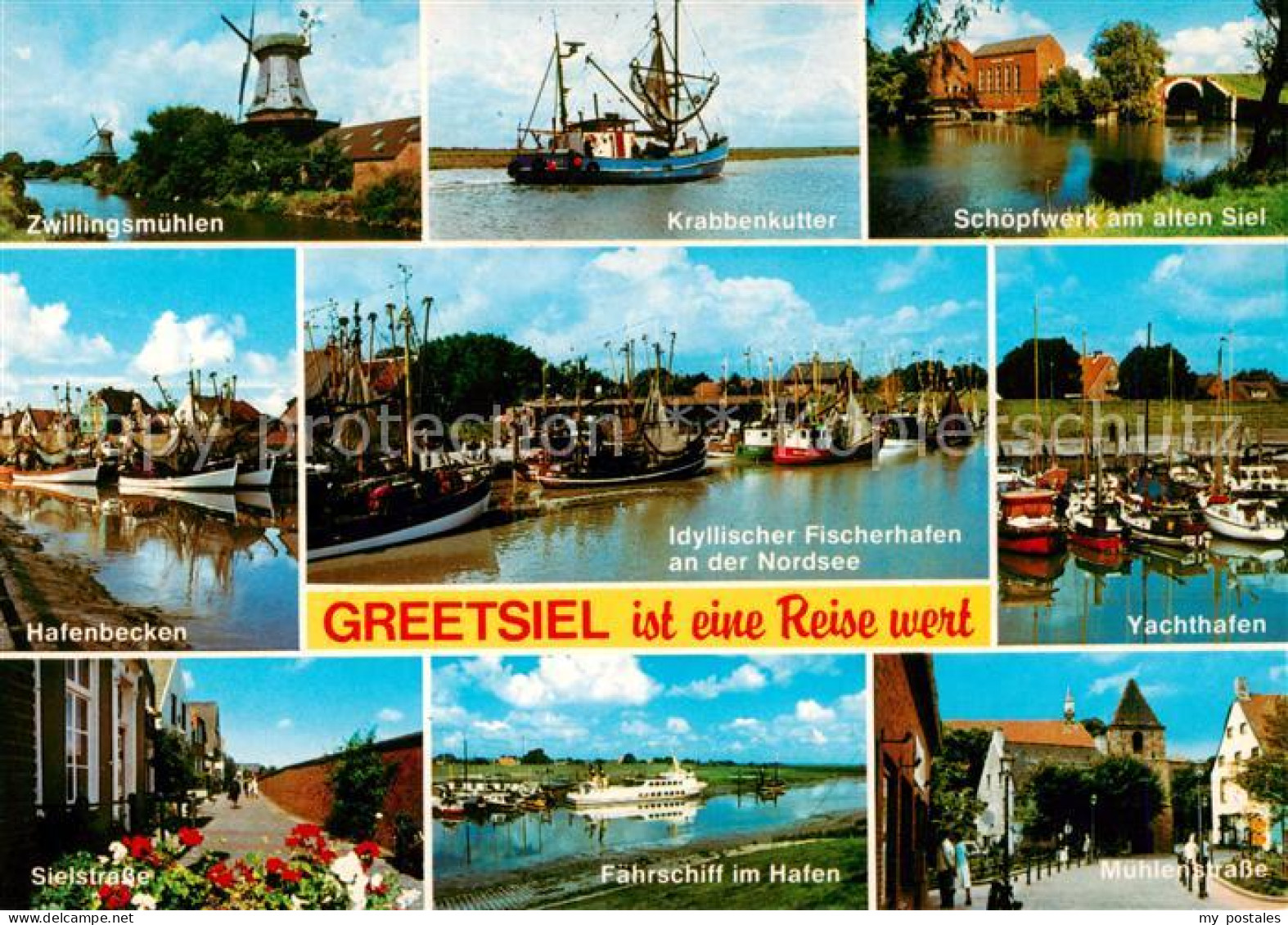 73839461 Greetsiel Zwillingsmuehlen Krabbenkutter Schoepferk Hafenbecken Fischer - Krummhörn