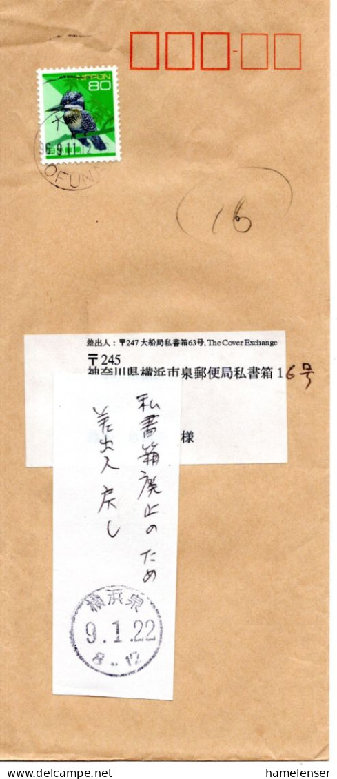 74263 - Japan - 1996 - ¥80 Ruettelfischer EF A Bf OFUNA -> YOKOHAMA-IZUMI, M Klebezettel "kein Postfach" Zurueck - Covers & Documents