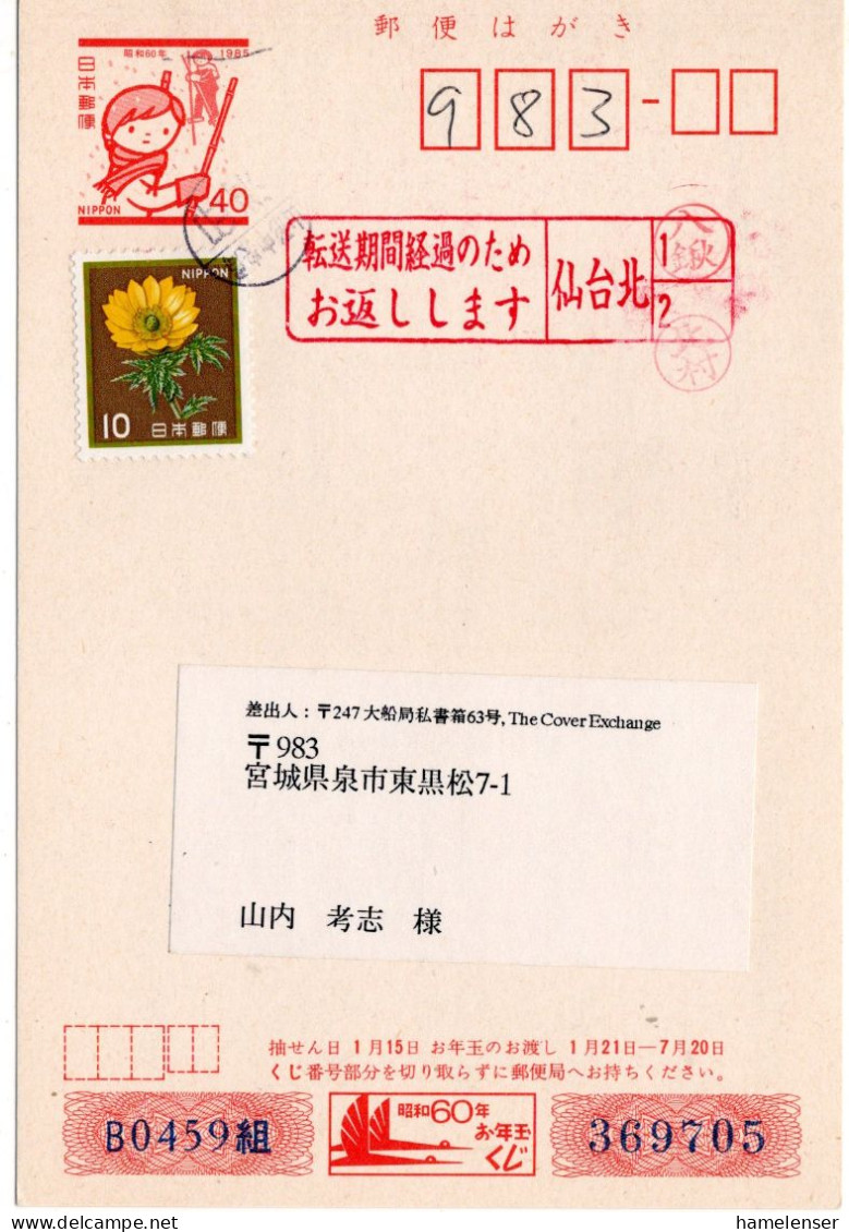 74289 - Japan - 1997 - ¥0 Neujahrs-GAKte '85 M ZusFrankatur Kamakura -> SENDAIKITA, Unzustellbar Zurueck - Cartas & Documentos