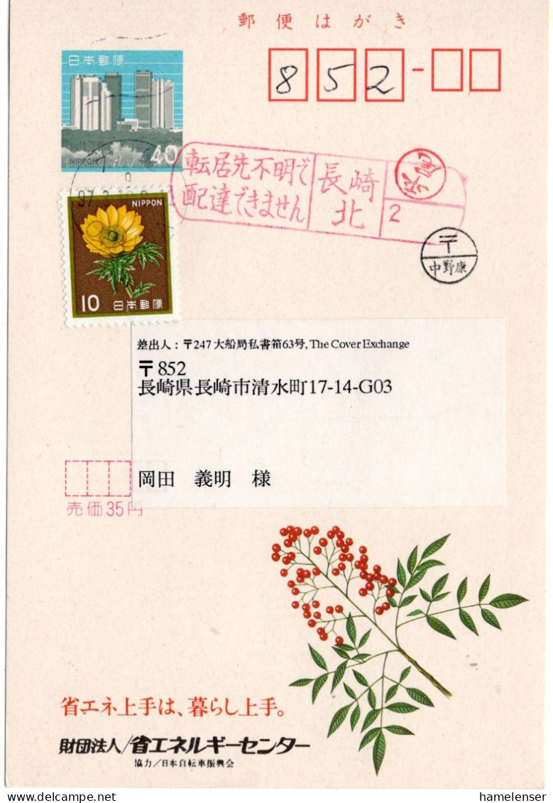 74291 - Japan - 1997 - ¥40 Reklame-GAKte "Energiesparen" M ZusFrankatur OFUNA -> NAGASAKIKITA, Unzustellbar Zurueck - Storia Postale