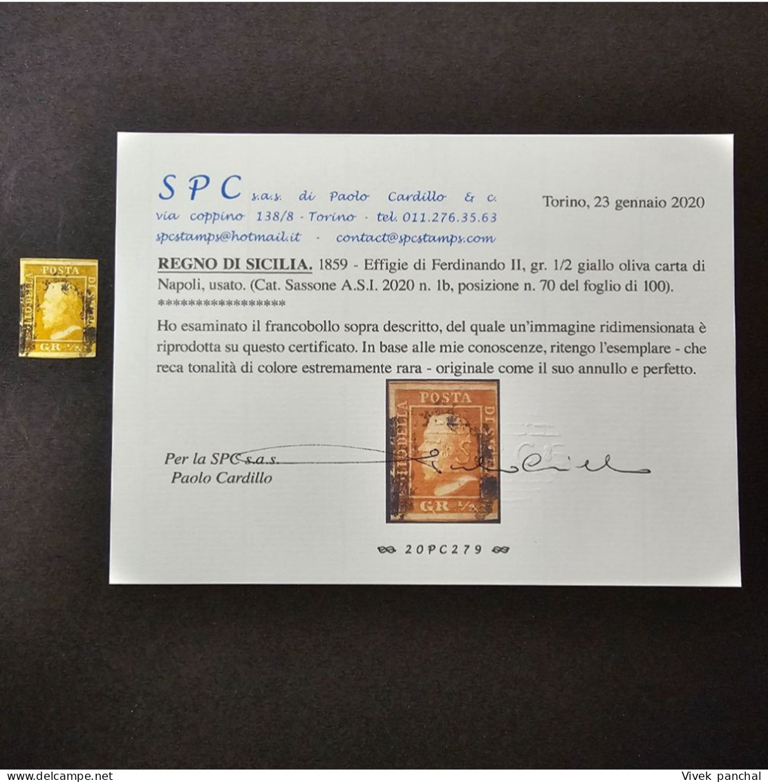 1859 Italy State Sicily VERY RARE 1/2g Olive Yellow With Certificate XF/VF SA#1b - Sicilia