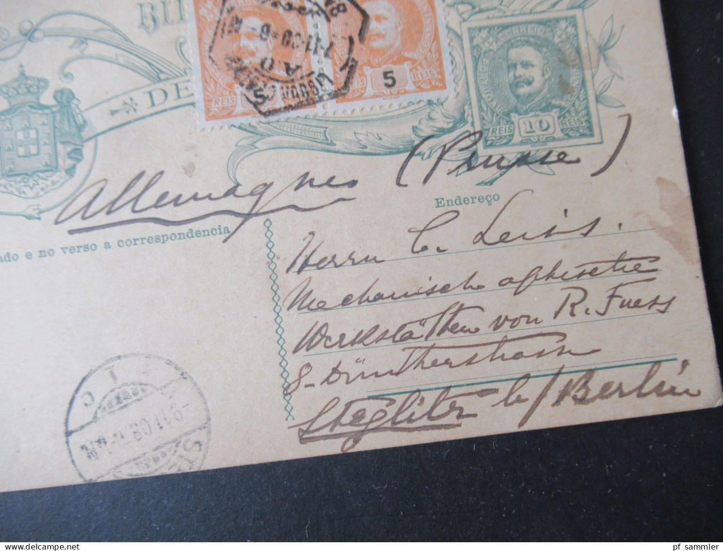 Portugal 1908 Ganzsache König Carlos I. Mit 2x Zusatzfrankatur Auslands PK Lissabon - Steglitz Bei Berlin - Postal Stationery