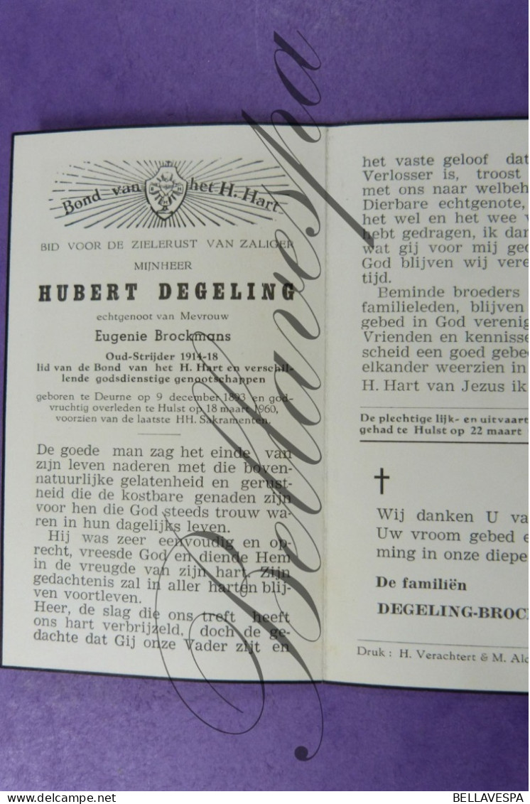 Hubert DEGELING Echt E. BROCKMANS Oud Strijder/ Soldaat WO I / 1914-1918 Deurne 1893-Hulst 1960 - Décès