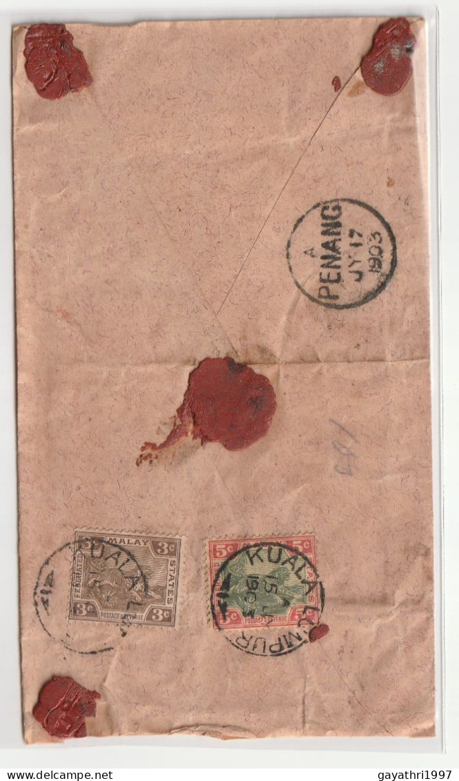 Malaya Federated Malay States 1903 Registered Cover From Kualalumpur To India (ss19) - Federated Malay States