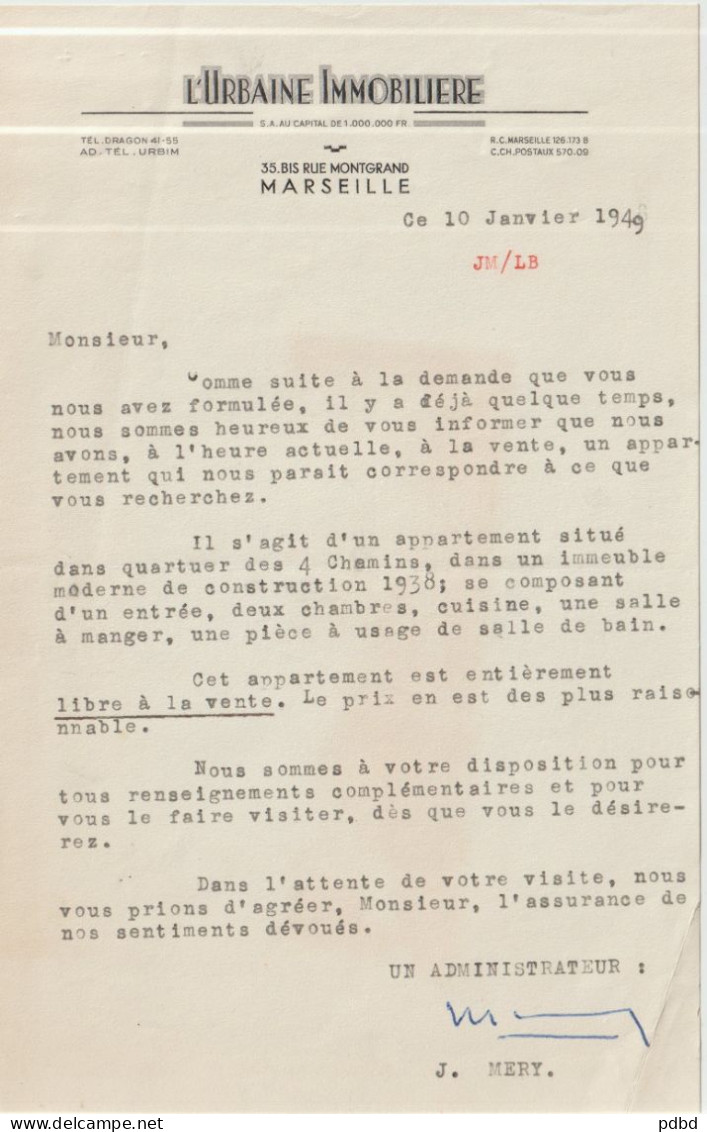 L'Urbaine Immobilière . Rue Montgrand . Marseille . 1949 . Courrier . - Banco & Caja De Ahorros