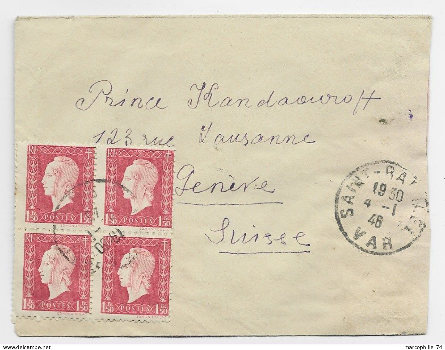 DULAC 1FR 50 BLOC DE 4 LETTRE SAINT RAPHAEL 4.1.1946 VAR POUR SUISSE 2FR EN TROP - 1944-45 Marianne Of Dulac