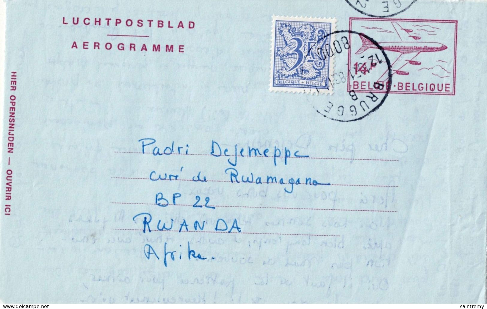 Aérogramme N° 18 N/F Oblitéré De Brugge 12 Vers Le Rwanda (J106) - Luchtpostbladen