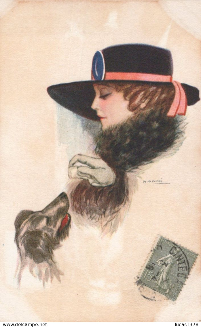 ILLUSTRATEUR NANNI / FEMME AVEC CHAPEAU DONNANT SUCRE A CHIEN - Nanni