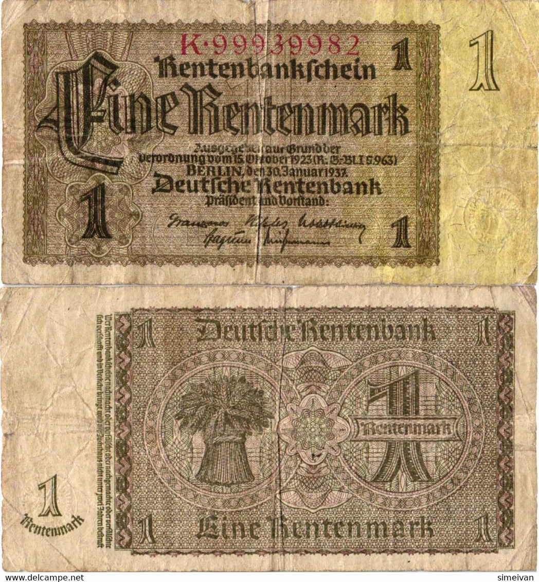 Germany 1 Rentenmark 1937 P-173b Deutschland Allemagne  #4382 - 1 Rentenmark