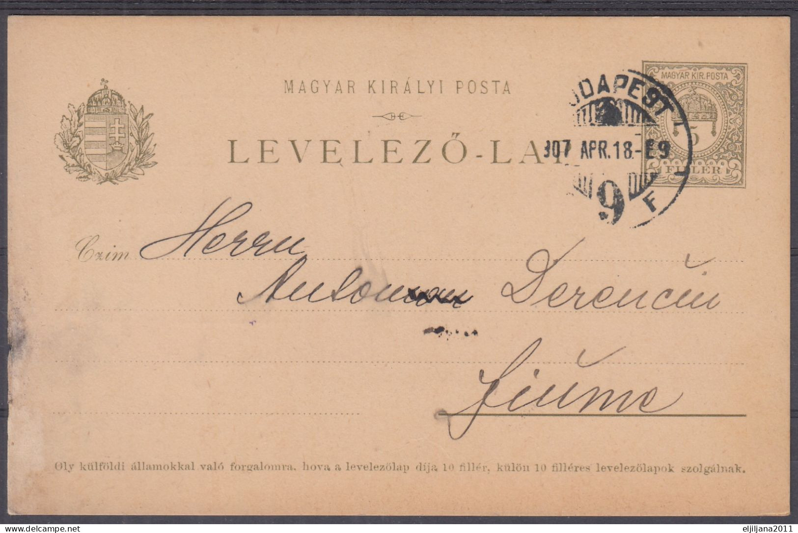 ⁕ Hungary - Ungarn 1907 ⁕ Budapest - FIUME, Levelező-lap, Magyar Kir. Posta 5 Filler ⁕ Postal Stationery HANS BIEHN - Ganzsachen