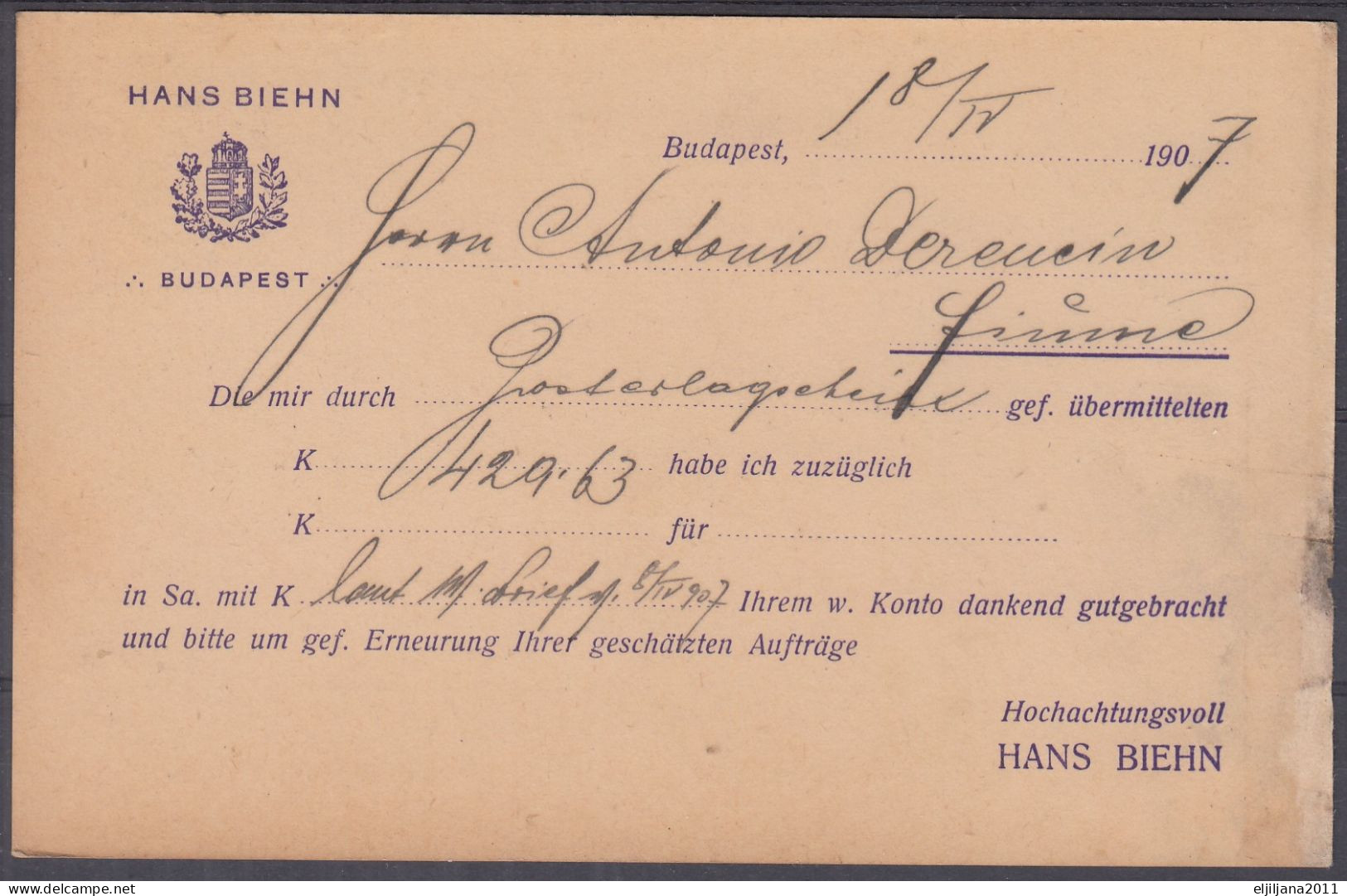 ⁕ Hungary - Ungarn 1907 ⁕ Budapest - FIUME, Levelező-lap, Magyar Kir. Posta 5 Filler ⁕ Postal Stationery HANS BIEHN - Ganzsachen