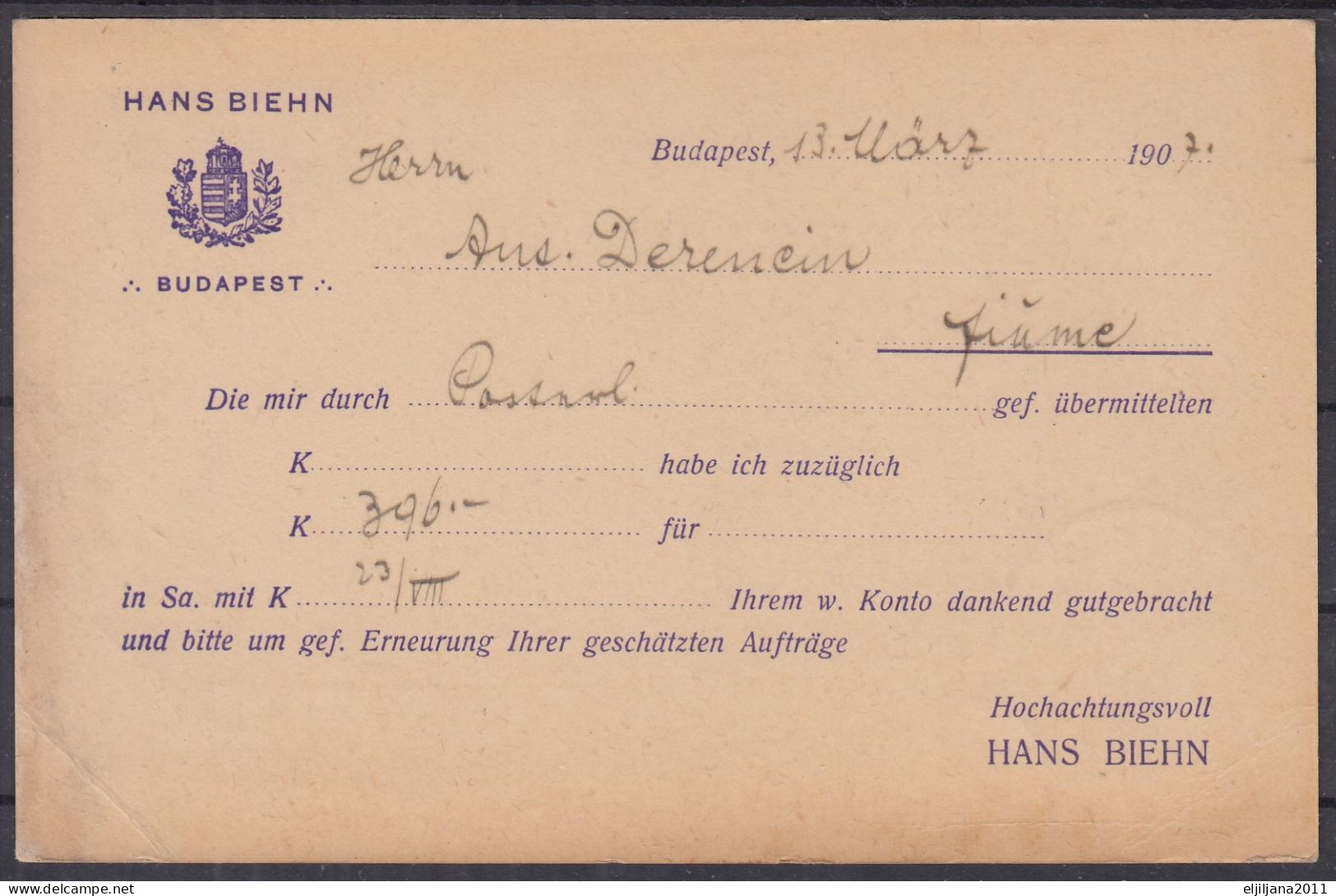 ⁕ Hungary - Ungarn 1907 ⁕ HANS BIEHN Budapest To FIUME, Levelező-lap, Magyar Kir. Posta 5 Filler ⁕ Postal Stationery - Enteros Postales