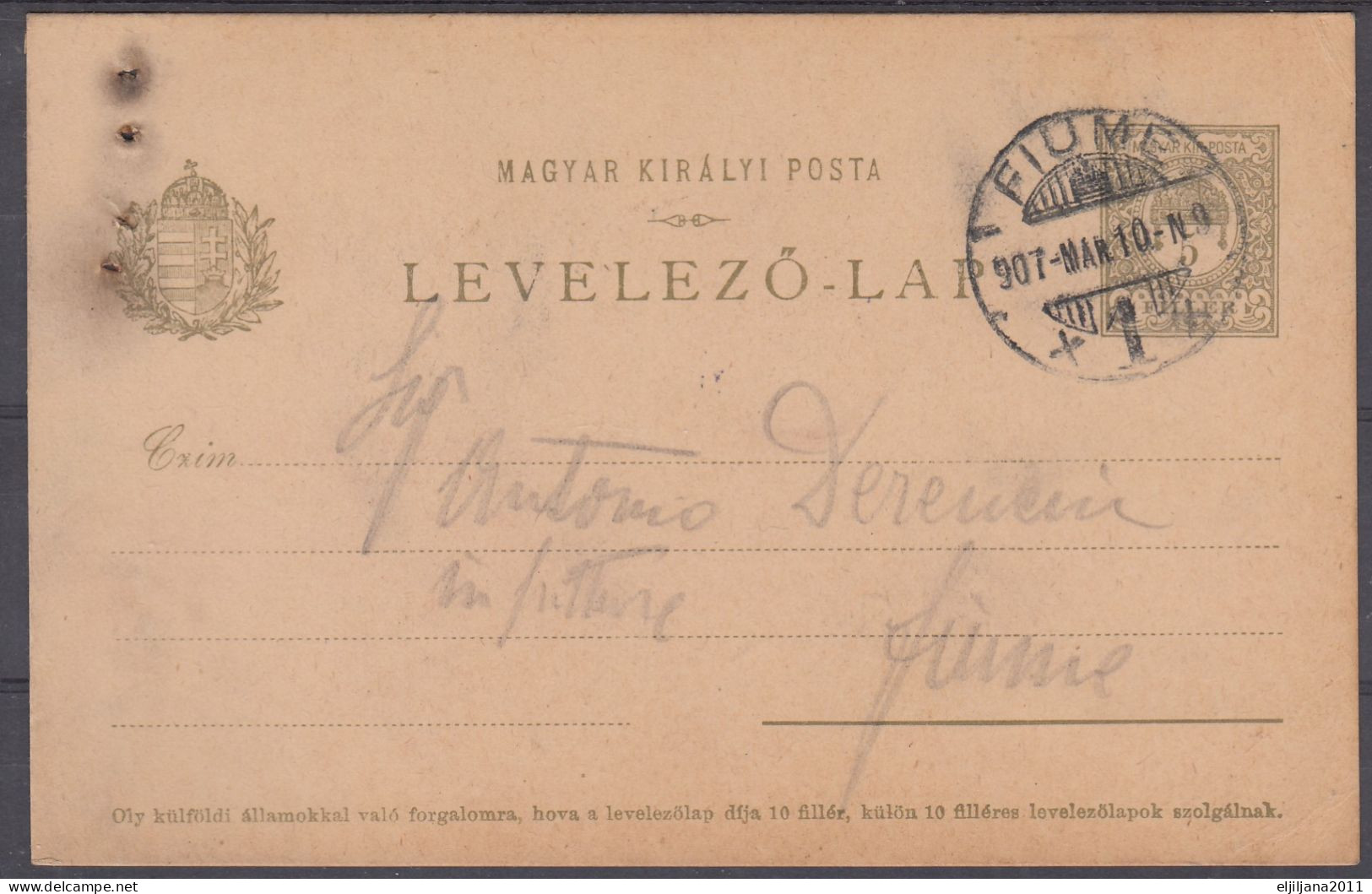 ⁕ Hungary - Ungarn 1907 ⁕ Rijeka - FIUME, Levelező-lap, Magyar Kir. Posta 5 Filler ⁕ Postal Stationery - Ganzsachen