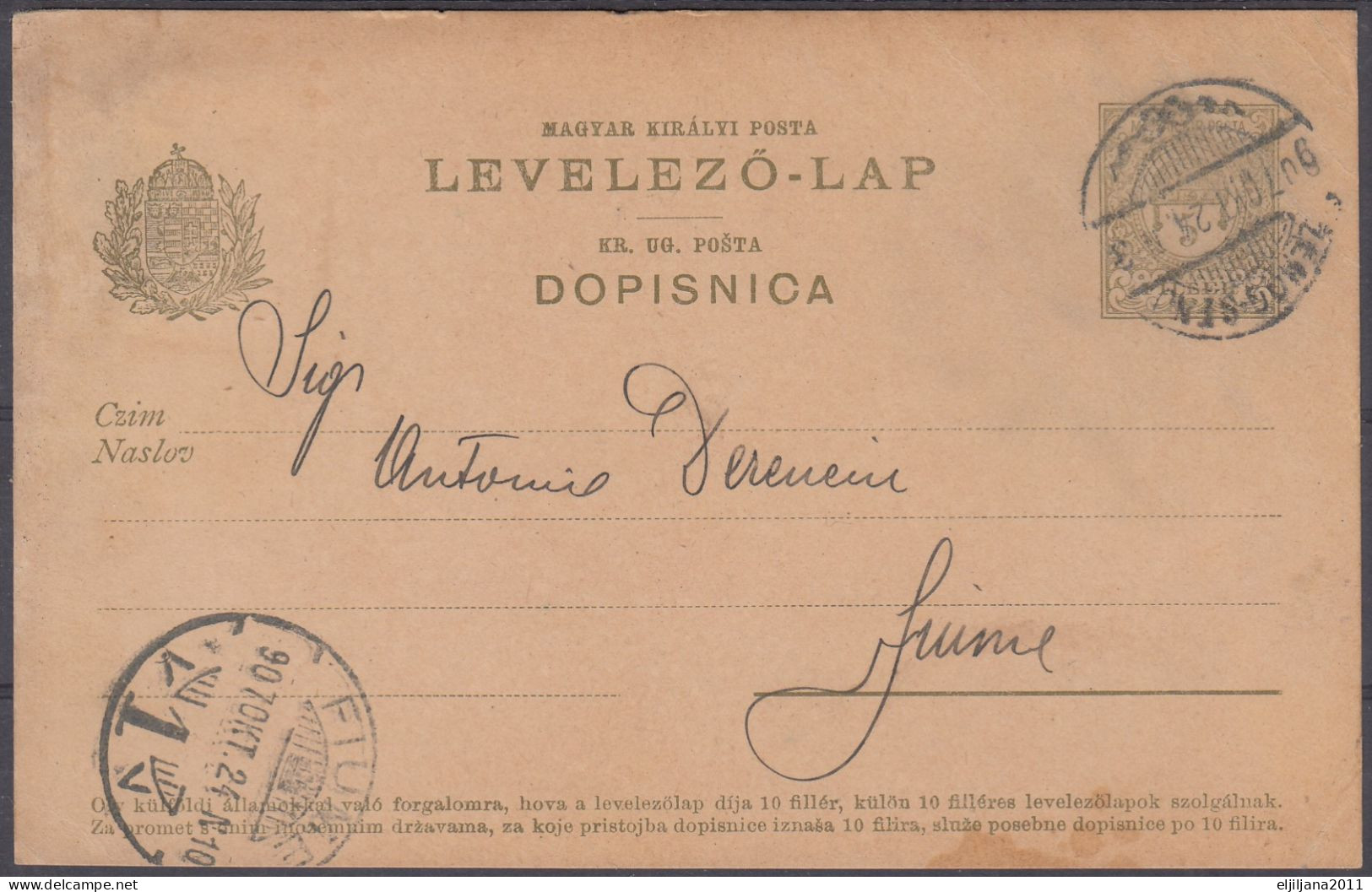 ⁕ Hungary 1907 ⁕ ZENGG / SENJ - FIUME, Levelező-lap, Magyar Kir. Posta 5 Filler, Dopisnica ⁕ Postal Stationery #4 - Entiers Postaux