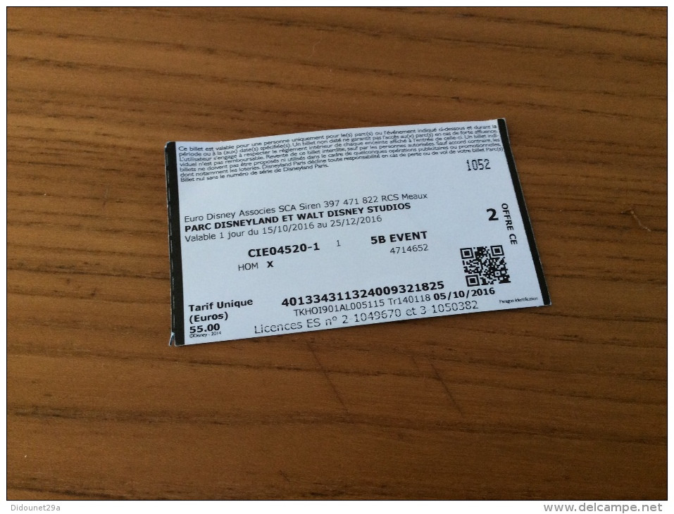 Ticket D'entrée Disneyland PARIS (Mickey) 2016 + Plan Des 2 Parcs - Biglietti D'ingresso