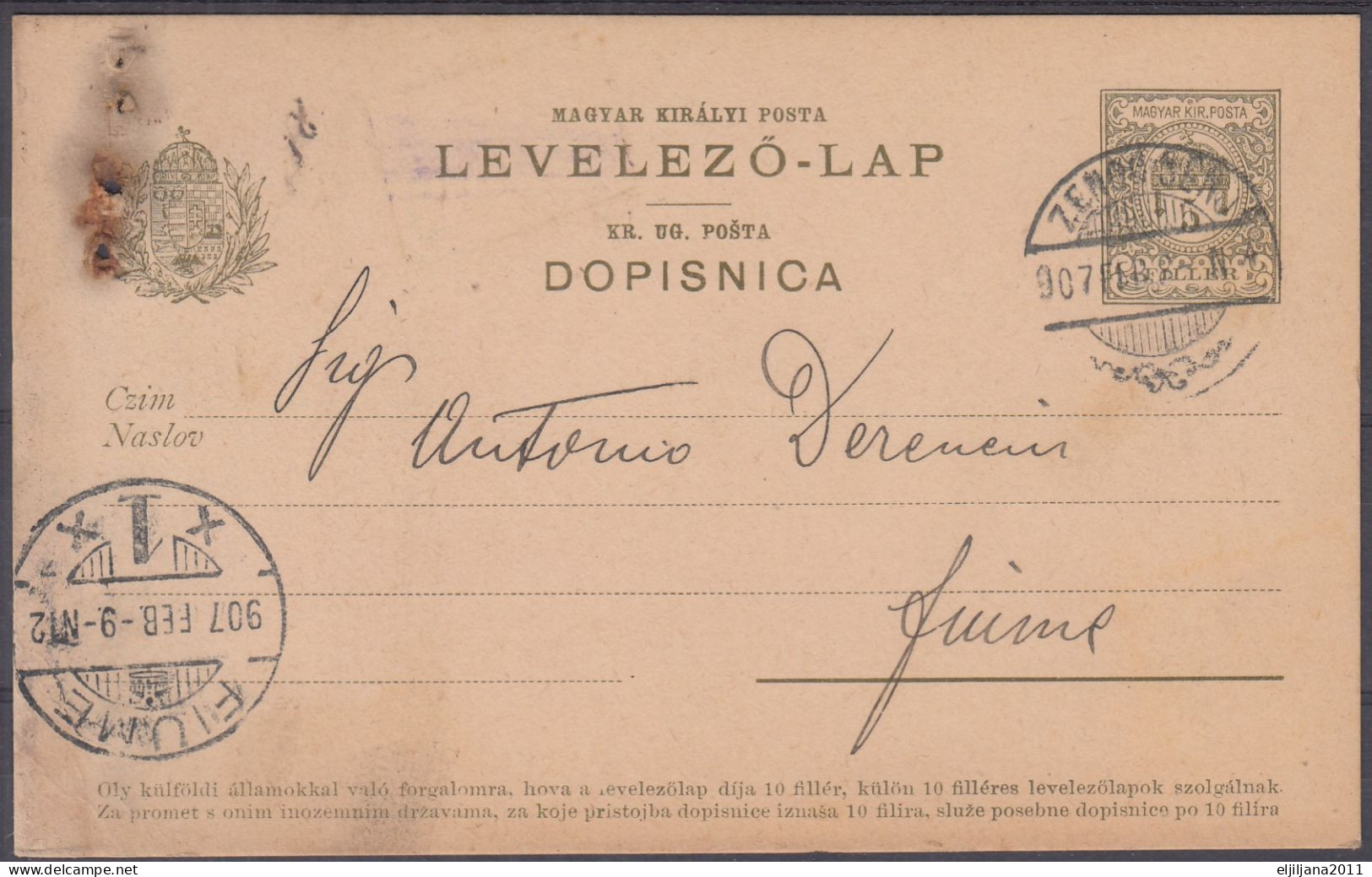 ⁕ Hungary - Ungarn 1907 ⁕ ZENGG / SENJ - FIUME, Levelező-lap, Magyar Kir. Posta 5 Filler ⁕ Postal Stationery #3 - Entiers Postaux