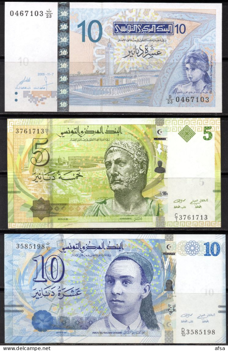 10 Dinars P 90 +5 Dinars P95 +10 Dinars P96-Neuf ** UNC **(Free Shipping)( Envoi Gratuit) - Tunesien