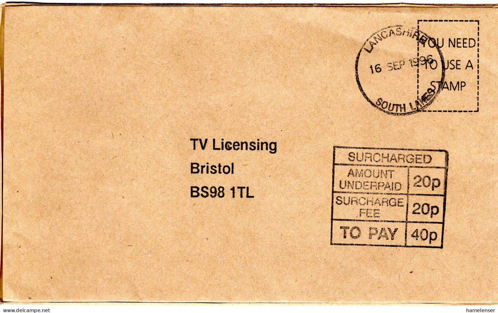 74315 - Grossbritannien - 1996 - Unfrank Bf SOUTH LAKES -> Bristol, M 40p Nachporto - Impuestos