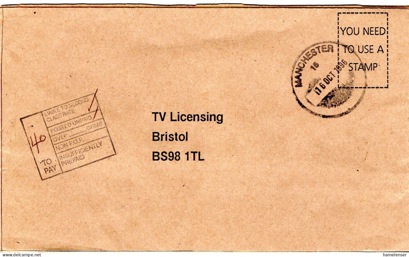 74316 - Grossbritannien - 1996 - Unfrank Bf MANCHESTER -> Bristol, M 40p Nachporto - Postage Due