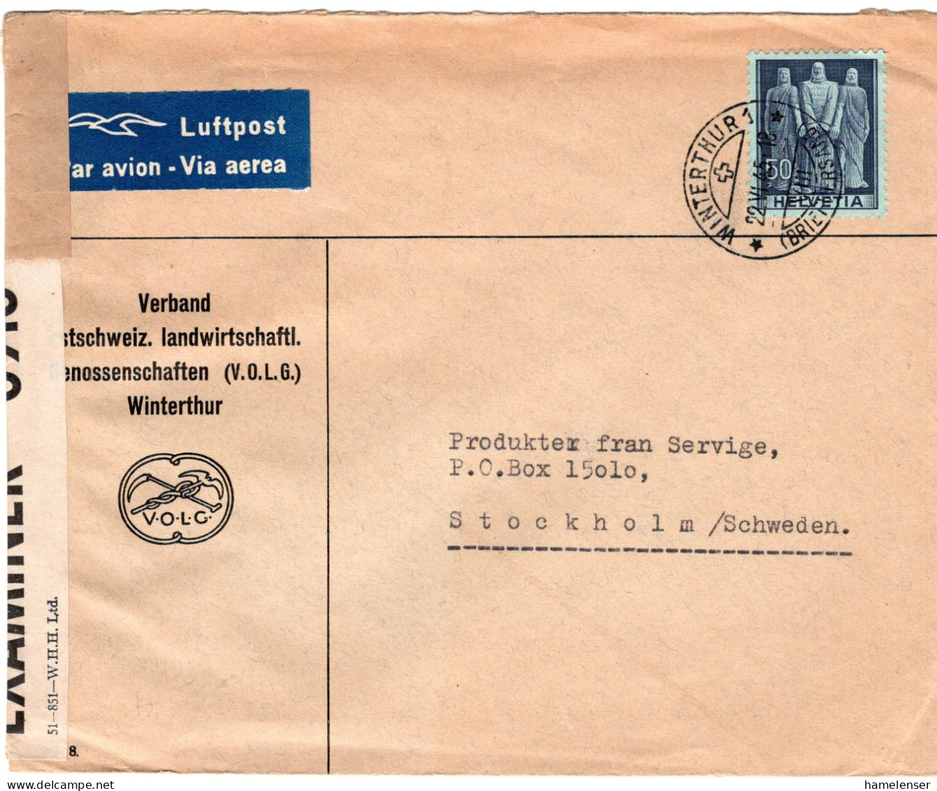 74317 - Schweiz - 1945 - 50Rp EF A LpBf WINTERTHUR -> Schweden, M Brit Zensur - Covers & Documents