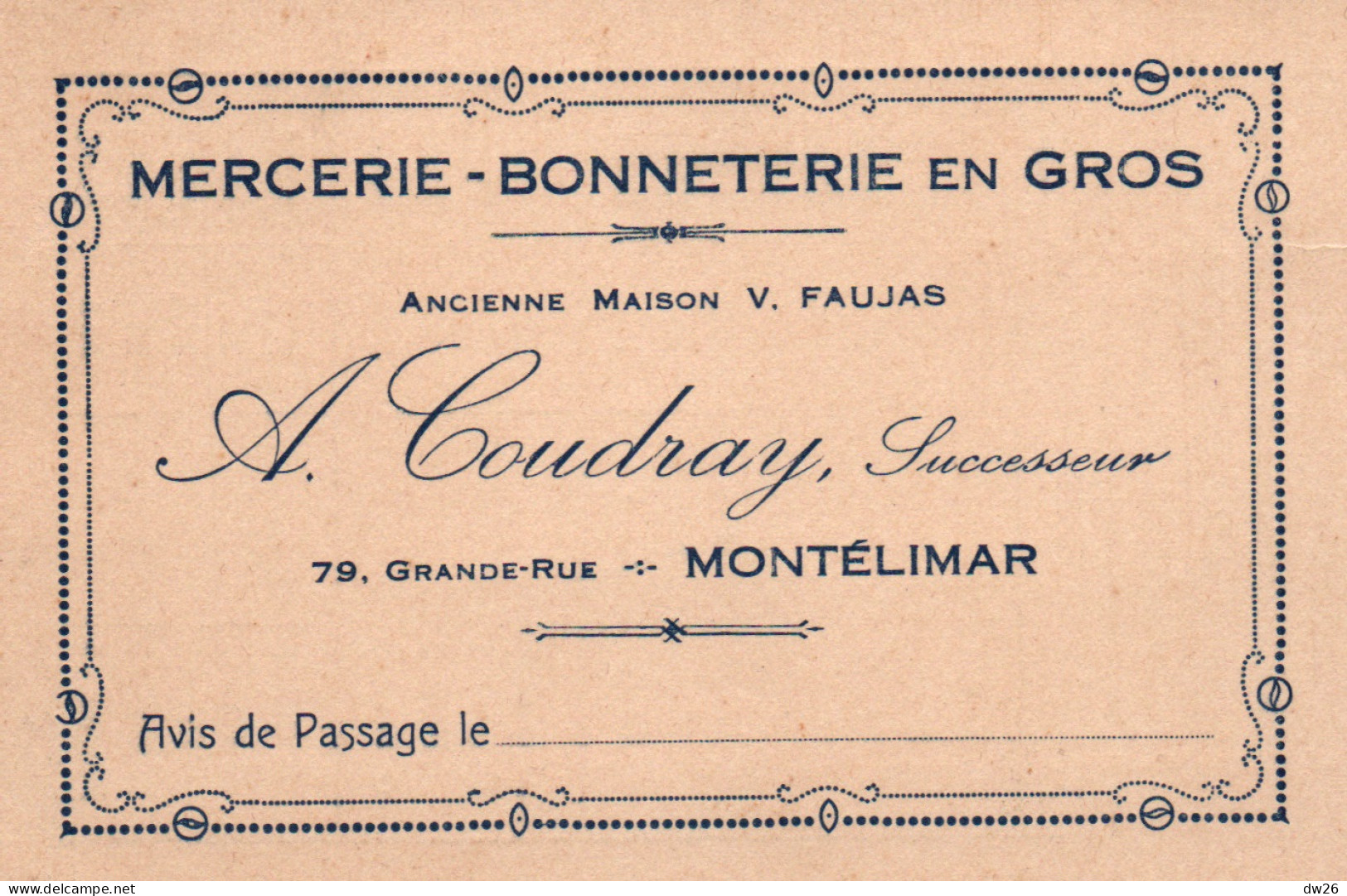 Carte De Représentant Mercerie, Bonneterie En Gros A. Coudray à Montélimar (Grande Rue) Bas Et Chaussettes - Visiting Cards