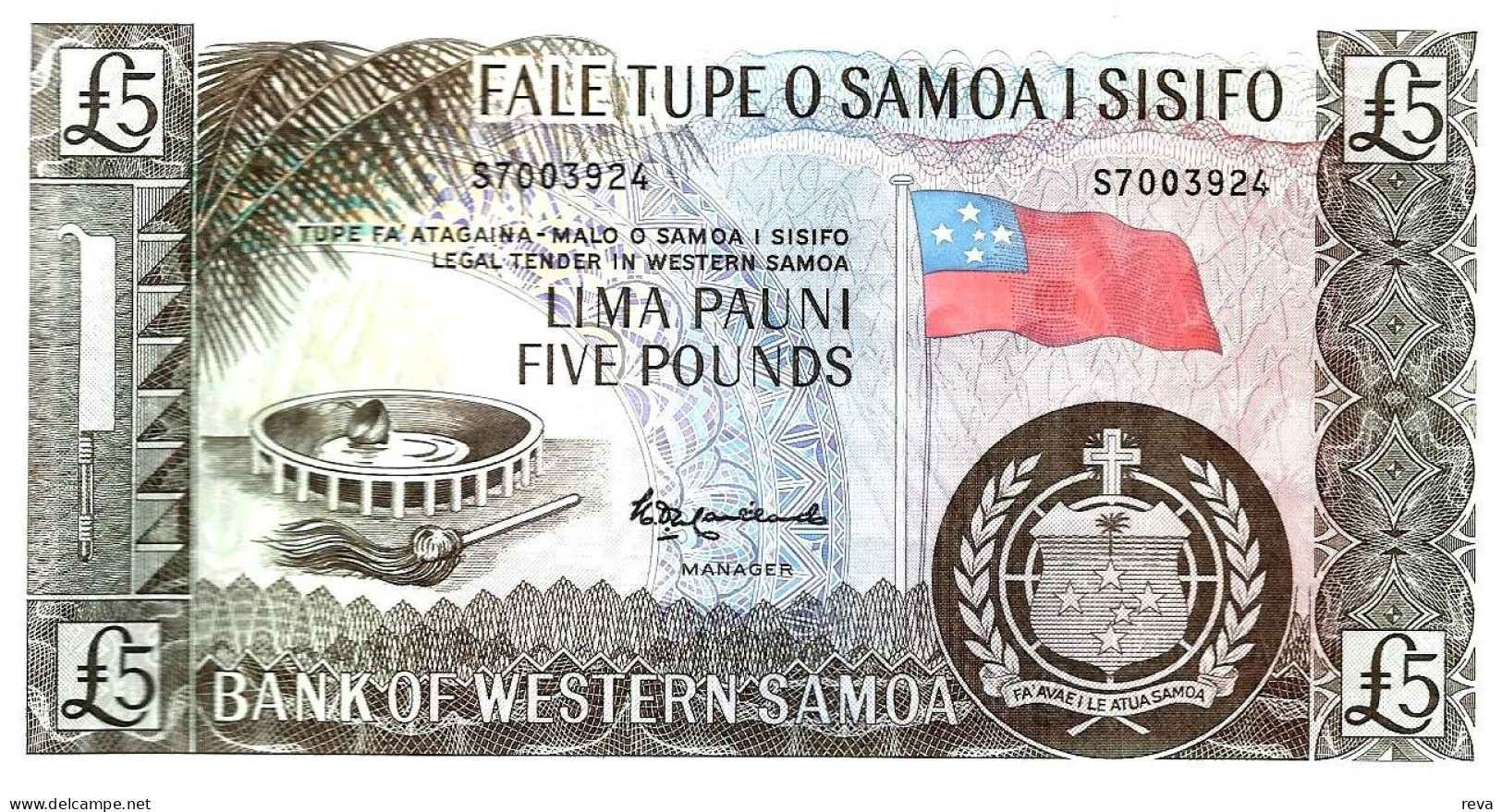 SAMOA 5 POUNDS BROWN EMBLEM FRONT PALM TREES BACK P.? ND(1965?) REPRINT AEF READ DESCRIPTION !! - Samoa