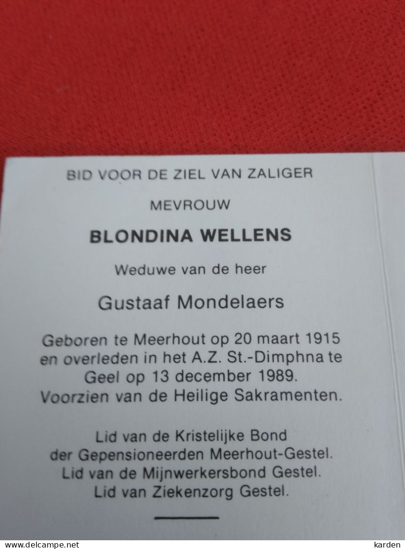 Doodsprentje Blondina Wellens / Meerhout 20/3/1915 Geel 13/12/1979 ( Gustaaf Mondelaers ) - Religion & Esotérisme