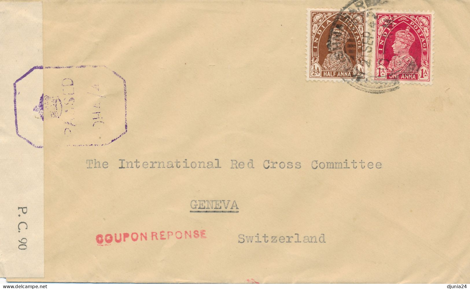 BF0291 / INDIEN   -  1942 -  Brief An Rotes Kreuz Genf Mit COUPON REPONSE Stempel - Jaipur
