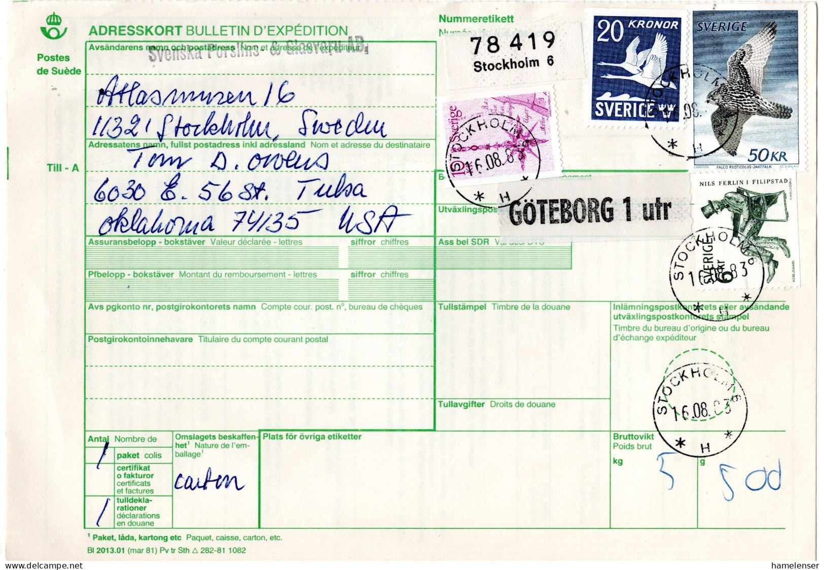 L74328 - Schweden - 1983 - 50Kr Falke MiF A PaketKte STOCKHOLM -> Tulsa, OK (USA) - Storia Postale