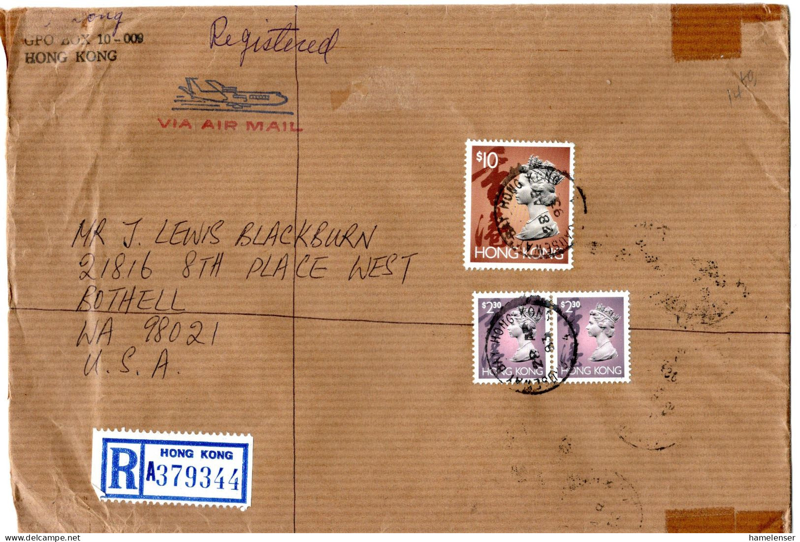 L74332 - Hong Kong - 1993 - $10 QEII MiF A R-LpBf CAUSEWAY BAY -> Bothell, WA (USA) - Covers & Documents