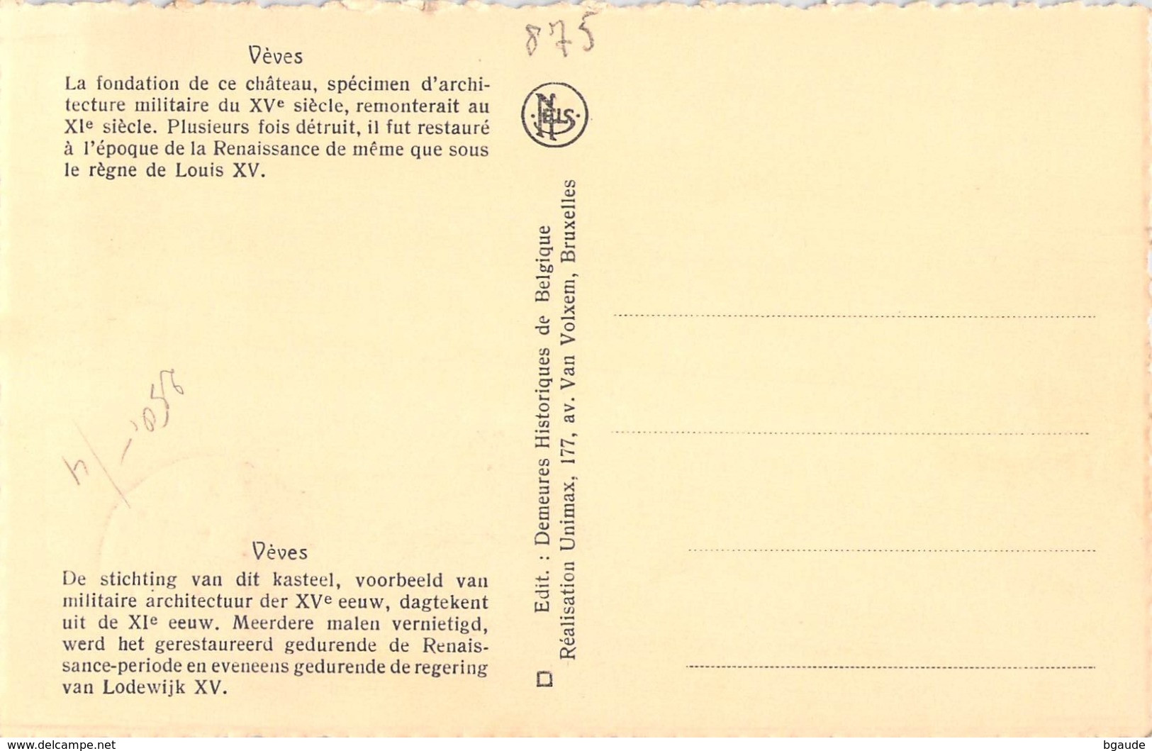BELGIQUE CARTE MAXIMUM   NUM.YVERT  875 CHATEAU - 1951-1960