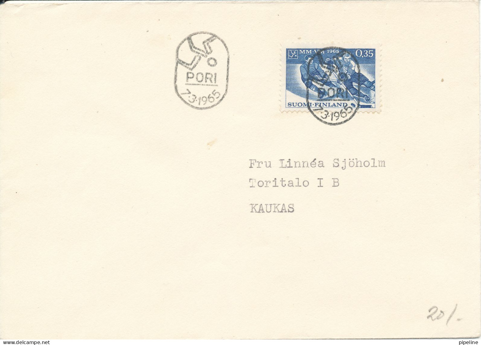 Finland Cover With Special Postmark Pori 6-3-1965 Single Franked ICEHOCKEY Stamp - Storia Postale