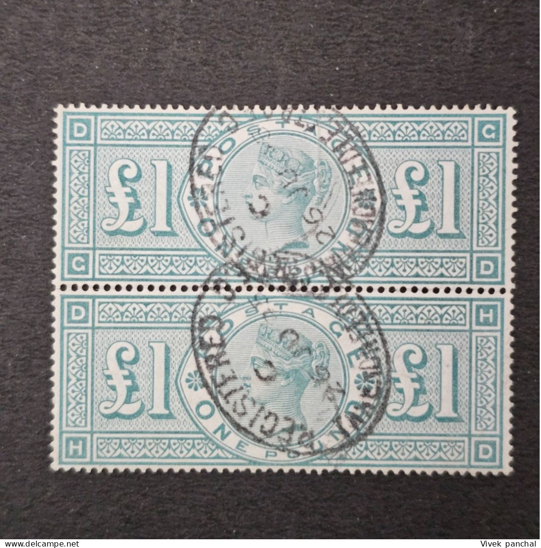 1891 Great Britain Queen Victoria £1 Green Pair Wmk Crown - Gebruikt