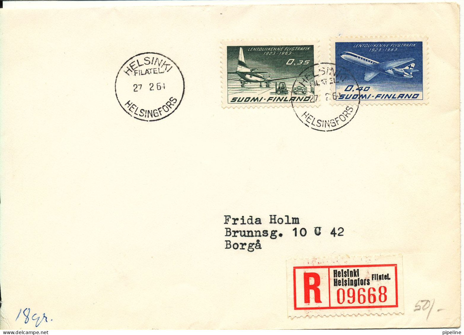 Finland Registered Cover Sent To Borgå Porvoo 27-2-1967 Complete Set Of 2 Aeroplanes - Covers & Documents