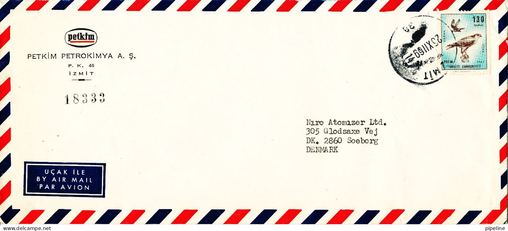 Turkey Air Mail Cover Sent To Denmark Izmir 25-12-1969 Single Franked BIRD - Posta Aerea