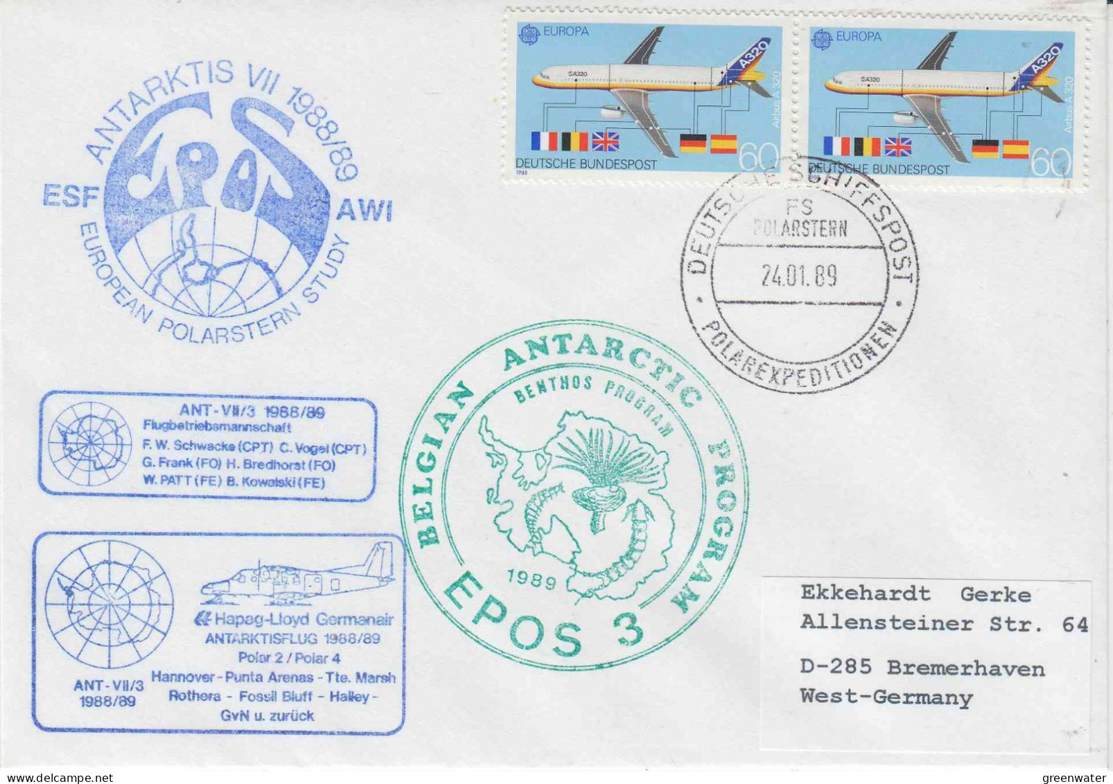 Germany Polarstern Antarctic Flight From Hannover  To G. Von Neumayer Ca Belgian Antarctic Ca 24.1.1989 (PT169A) - Vuelos Polares