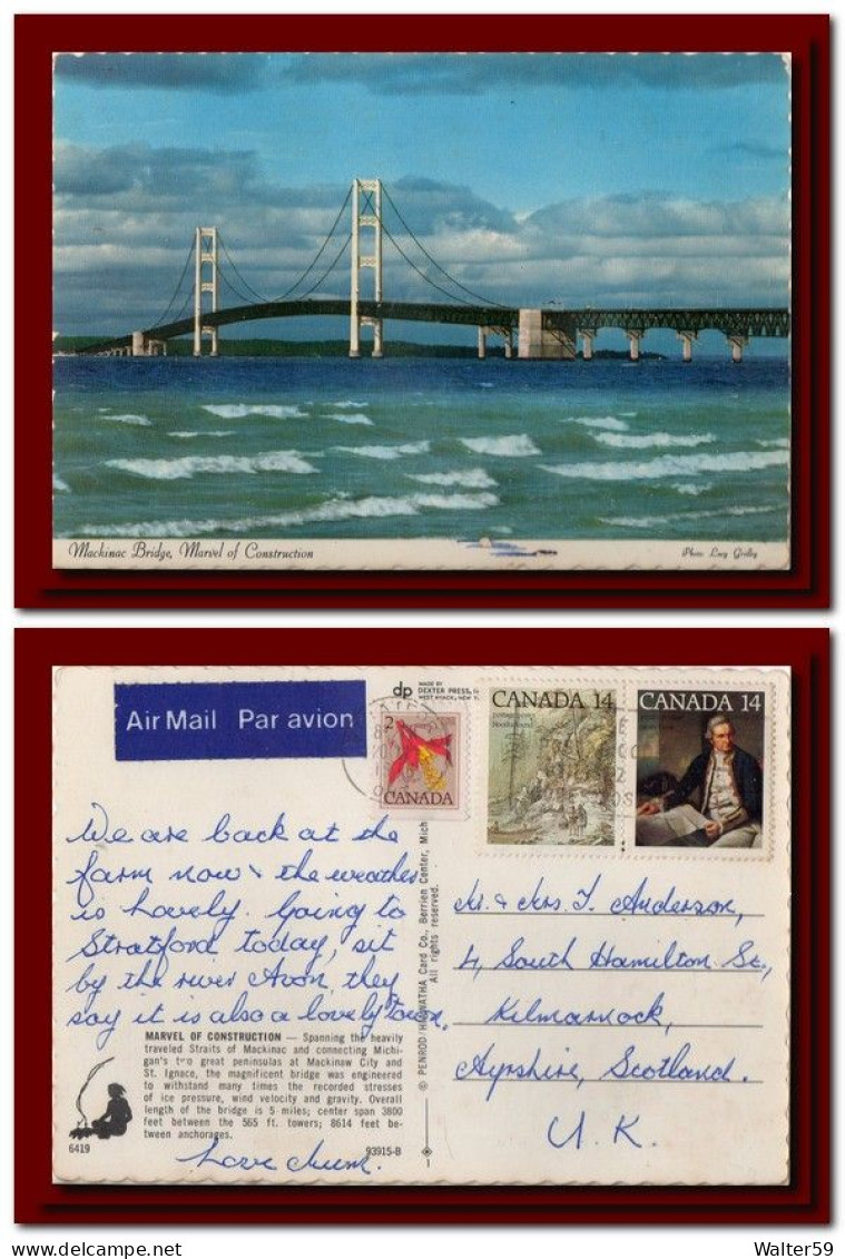 1976 Canada Postcard Mackinac Bridge Sent Stratford To Scotland 3scans - Postgeschiedenis