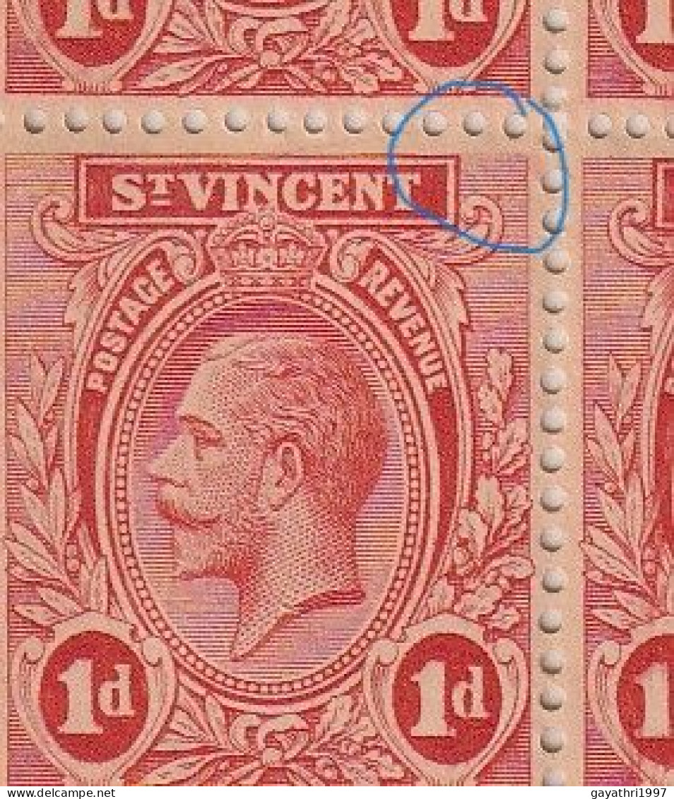 St. Vincent 1913 SG 109b ? Block of 20 stamps mint MNH ERROR many variety's Doctors Blade & color flaw mint