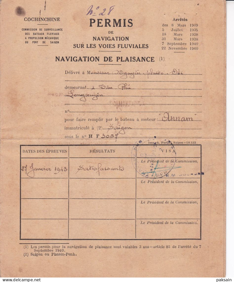 SAIGON : Permis De Navigation Sur Les Voies Fluviales Navigation De Plaisance Cochinchine 1943 Indochine Vietnam - Andere & Zonder Classificatie