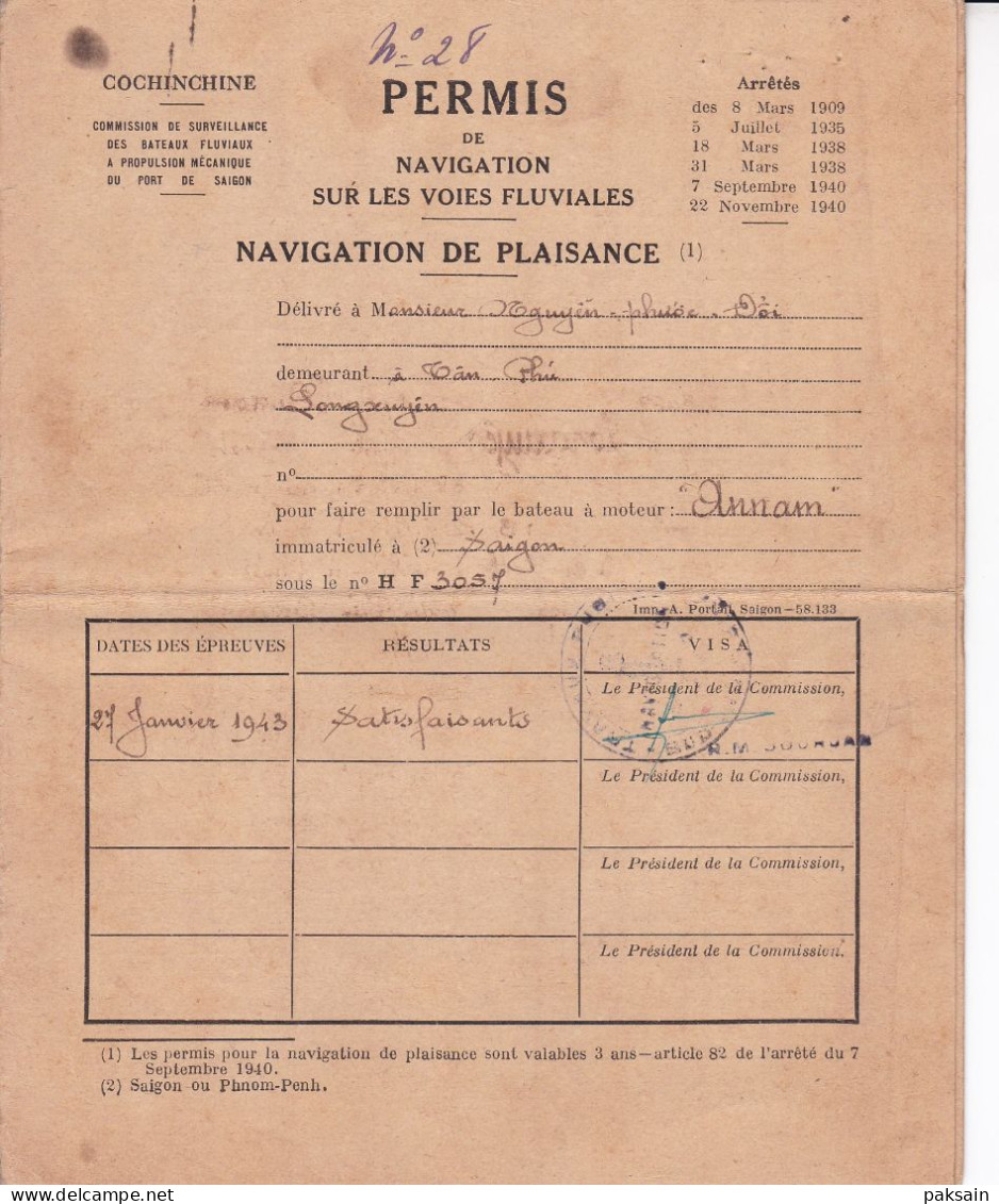 SAIGON : Permis De Navigation Sur Les Voies Fluviales Navigation De Plaisance Cochinchine 1943 Indochine Vietnam - Other & Unclassified