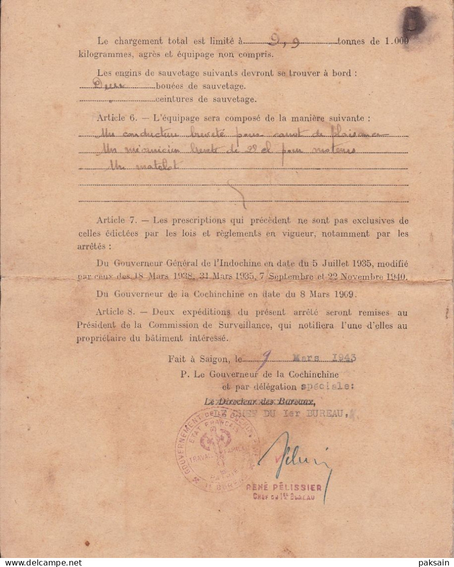 SAIGON : Permis De Navigation Sur Les Voies Fluviales Navigation De Plaisance Cochinchine 1943 Indochine Vietnam - Autres & Non Classés