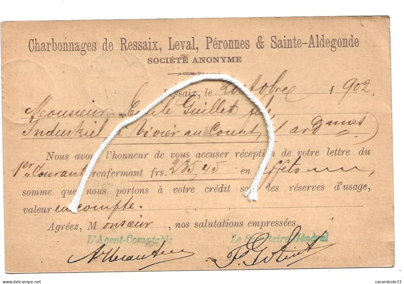 CPA  Emile Guillet Vivier Ardennes Charbonnages  De Ressaix ,SOCIETE ANONYME écrite De BINCHE 1902  524 - Mercaderes