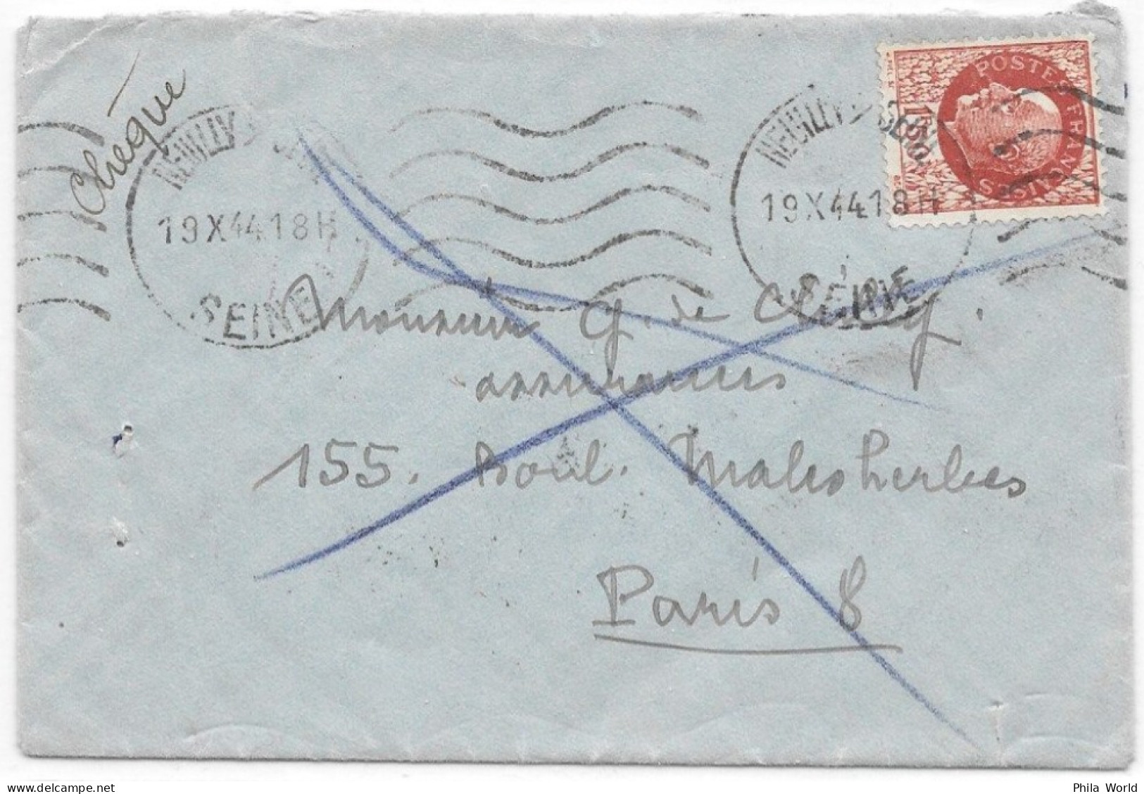 WW2 19-X- 1944 1,50F S Lettre NEUILLY Seine > PARIS Retour Envoyeur INCONNU Cachet X Distribuée Après PETAIN DEMONETISE - WW2