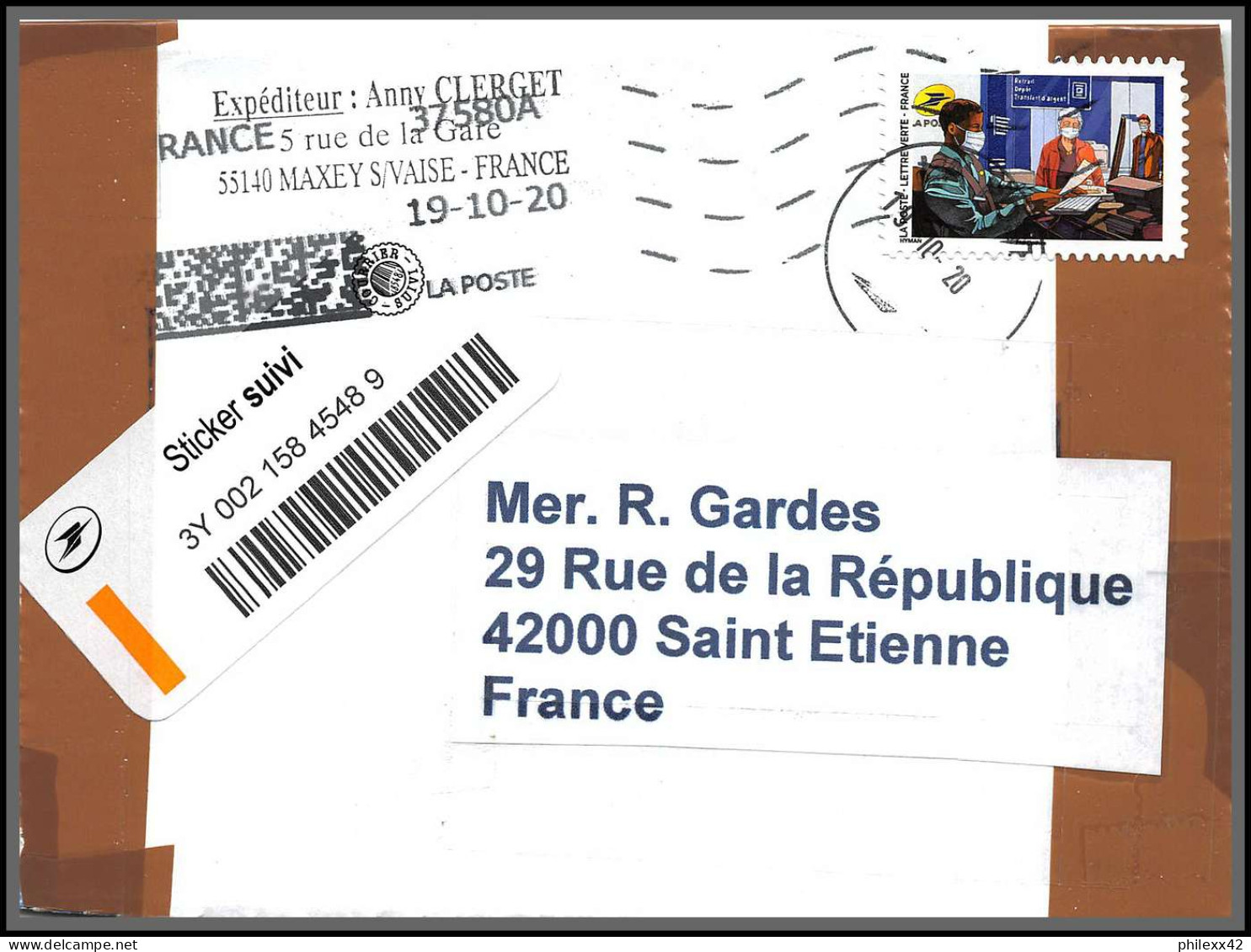 95880 - lot de 15 courriers lettres enveloppes de l'année 2020 divers affranchissements en EUROS