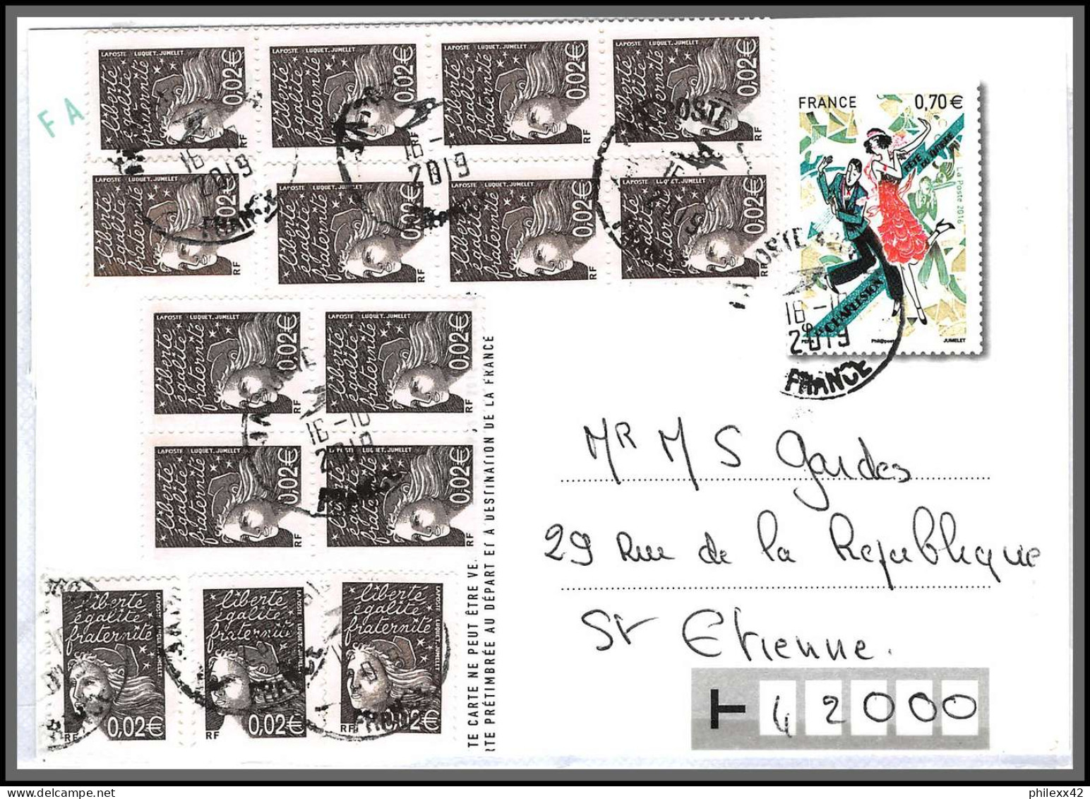96019 N°3444 LUQUET X 15 France Lettre Cover Bel Affranchissement Beziers 2019 Pour St Etienne Loire - 1997-2004 Marianna Del 14 Luglio
